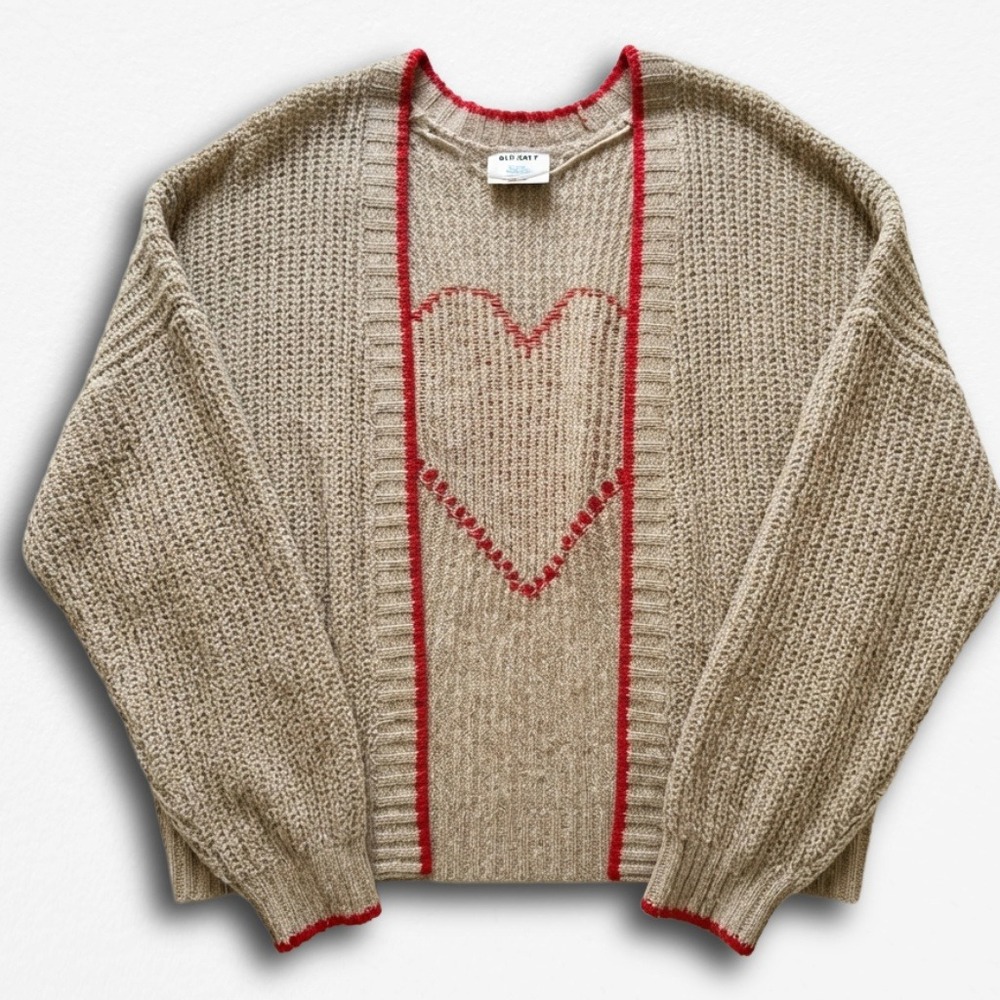 Old Navy Women XL Heart Open Front Cardigan Beige Red Trim Recycled Knit Sweater